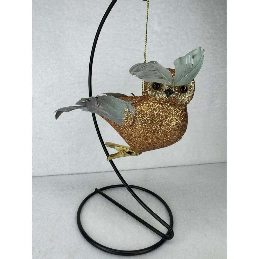 Pier 1 Glitter Owl Clip Ornament Gold Feather Christmas Winter Holiday Decor